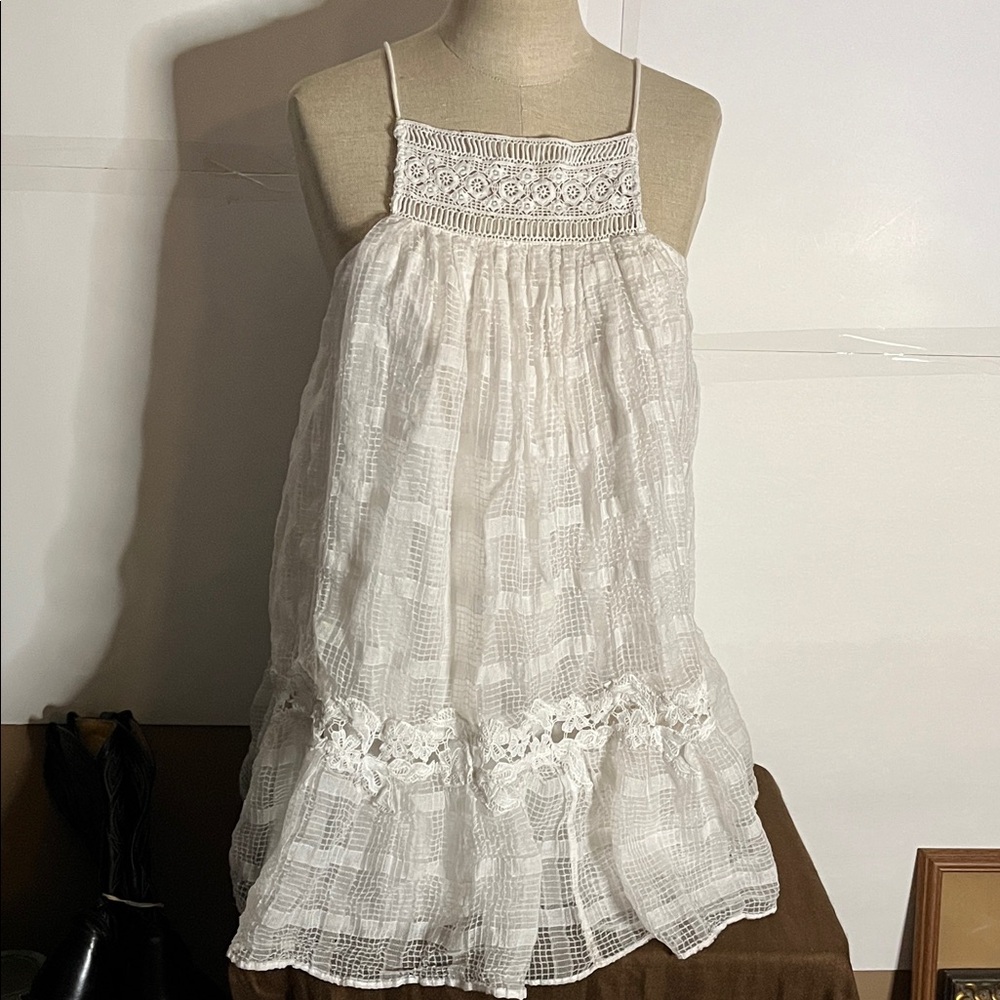 😄Zara womens Lace Crochet Trim Mini Dress White strappy medium